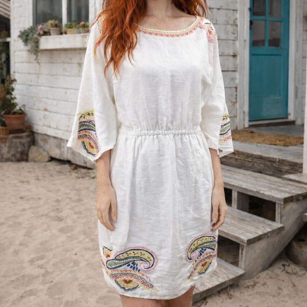 Boden Briana Embroidered White Linen Dress, Size US 10
